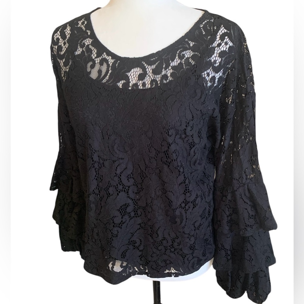 ๐ Heartloom Black Lace Top Tiered Ruffle 3/4 Sleeve Bubble Cuff Elegant Event S - Picture 2 of 14